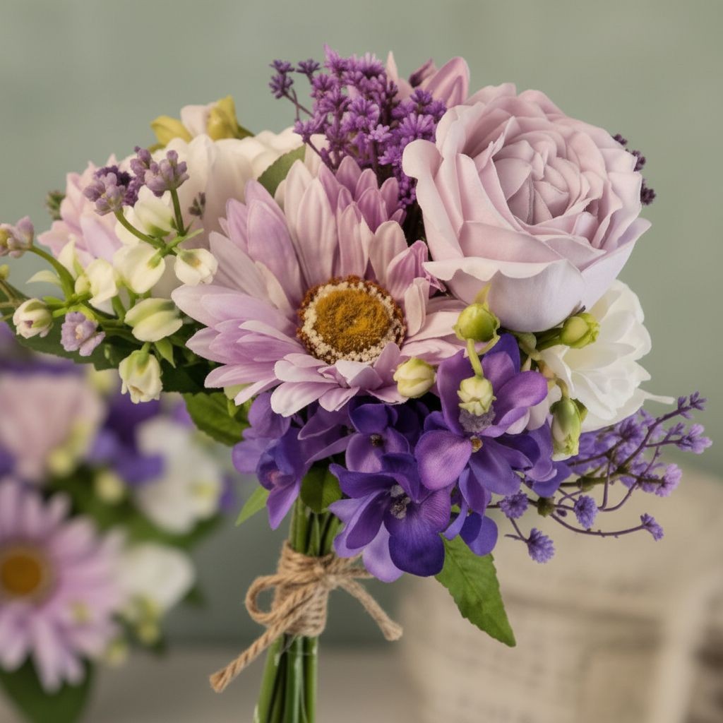 Lavender Purple Artificial Bouquet Real Touch Roses Gerbera Daisy Wedding Bouque