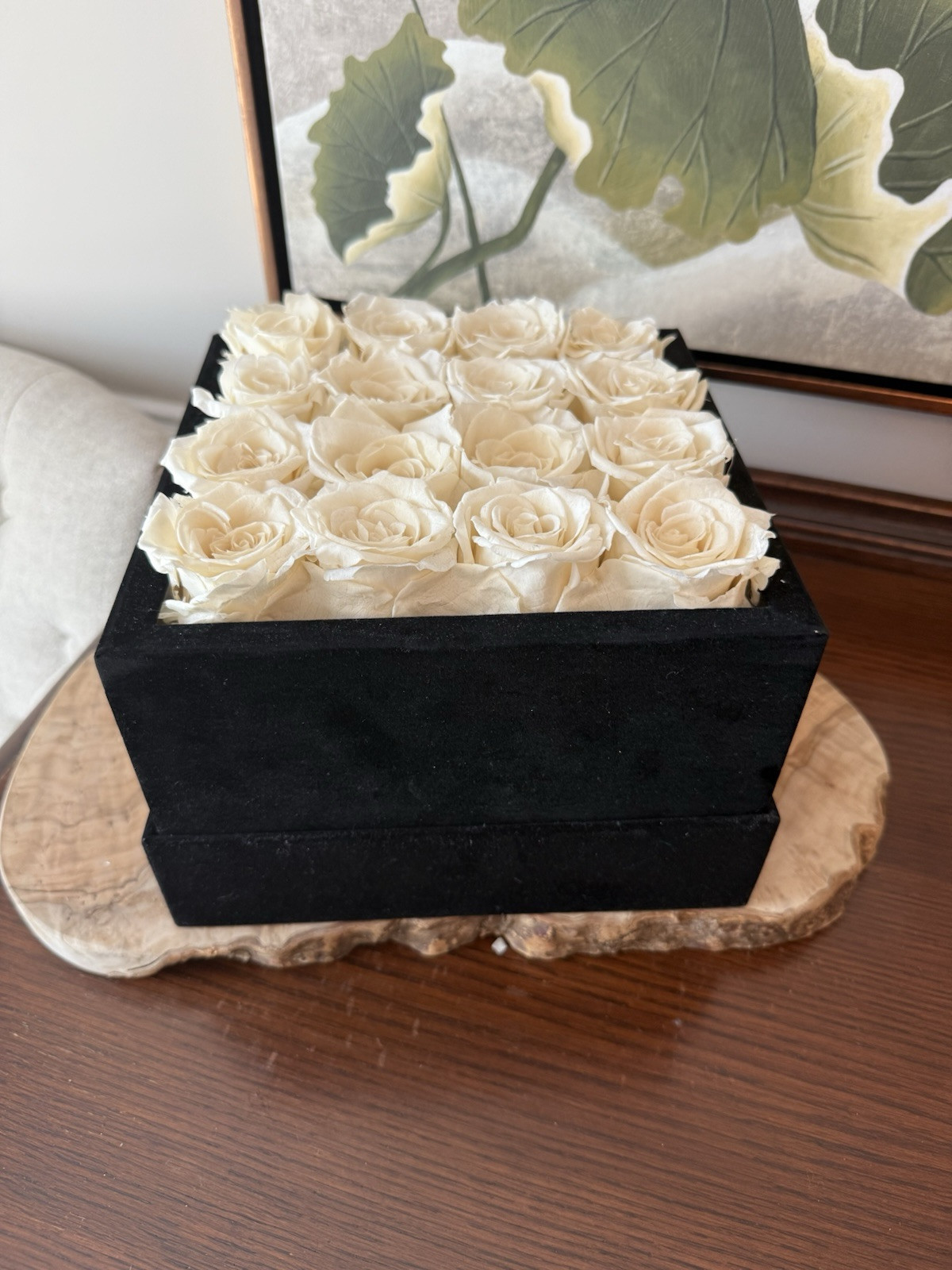 Rose Forever New York Real Preserved 16 White Roses Rose Black Velvet Square Box