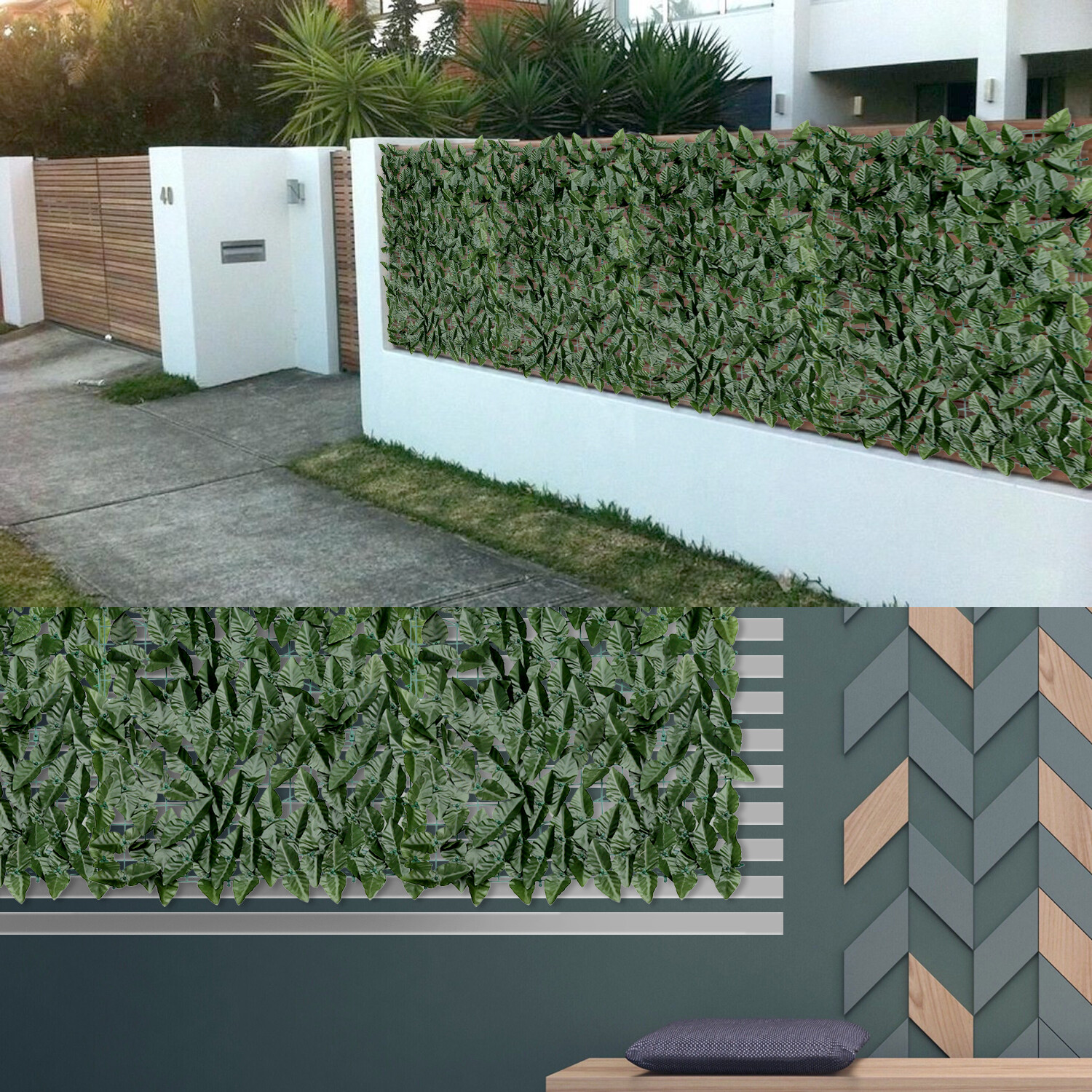 Artificial Faux Laurel Leaves Privacy Fence Screen Dark Green w/ Mesh Backing