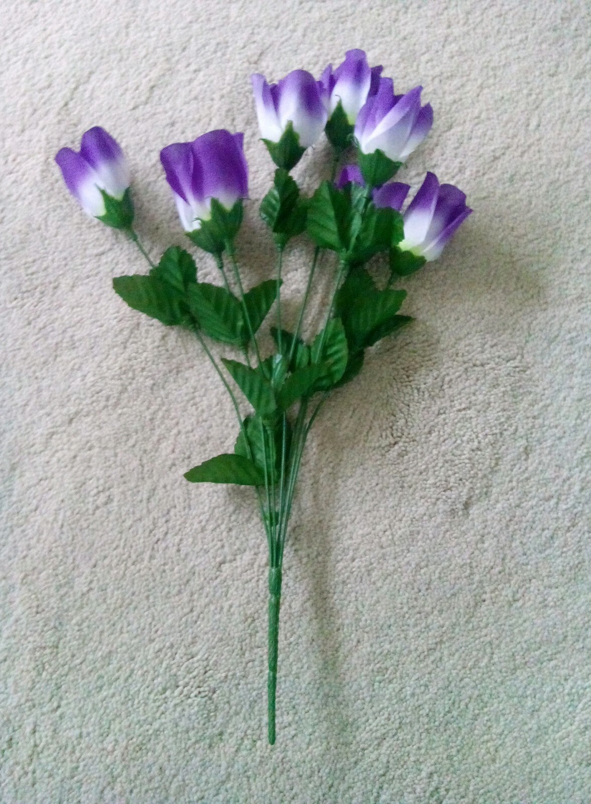 Vintage Single 16″ Artificial Green Stem & Leaves With 8 Purple And White Tulips