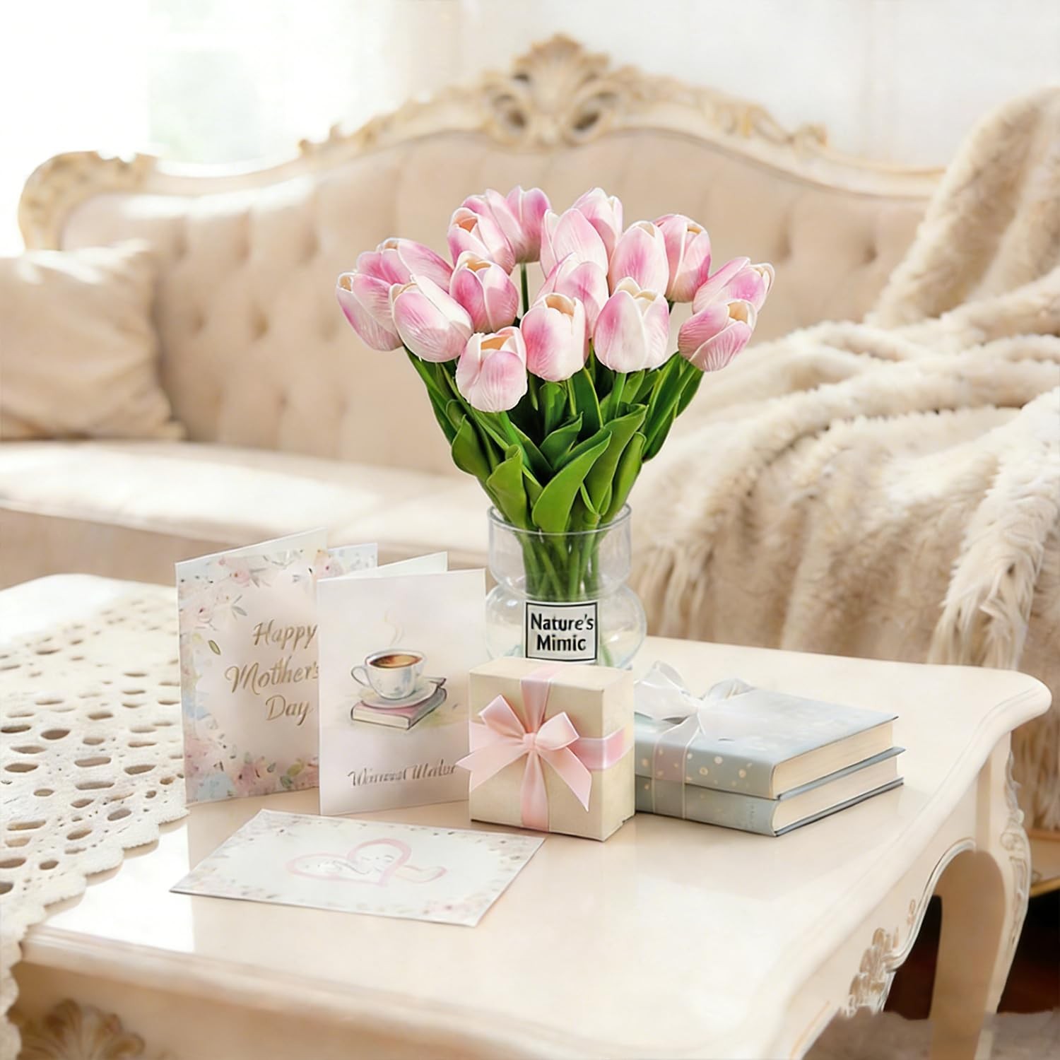 20 PCS Pink Tulips Artificial Flowers 13 Inch PU Fake Floral Home Decor