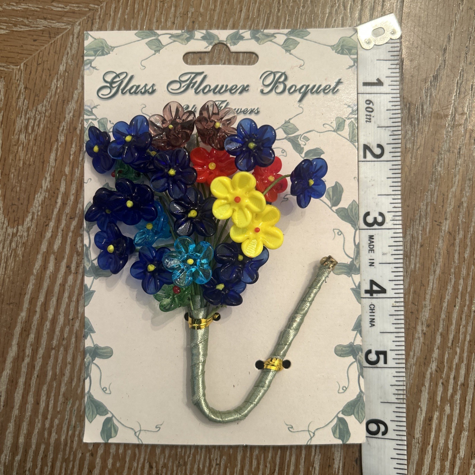 24 Mini Czech Glass Flowers Wire Stem Bouquet Red Blue Yellow Green Purple New