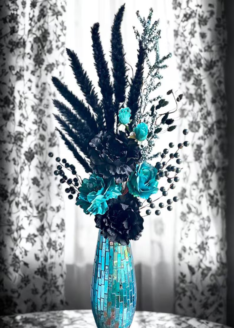 Modern Rose Floral Arrangement: Black & Blue Home Decor, Fancy Table Centerpiece