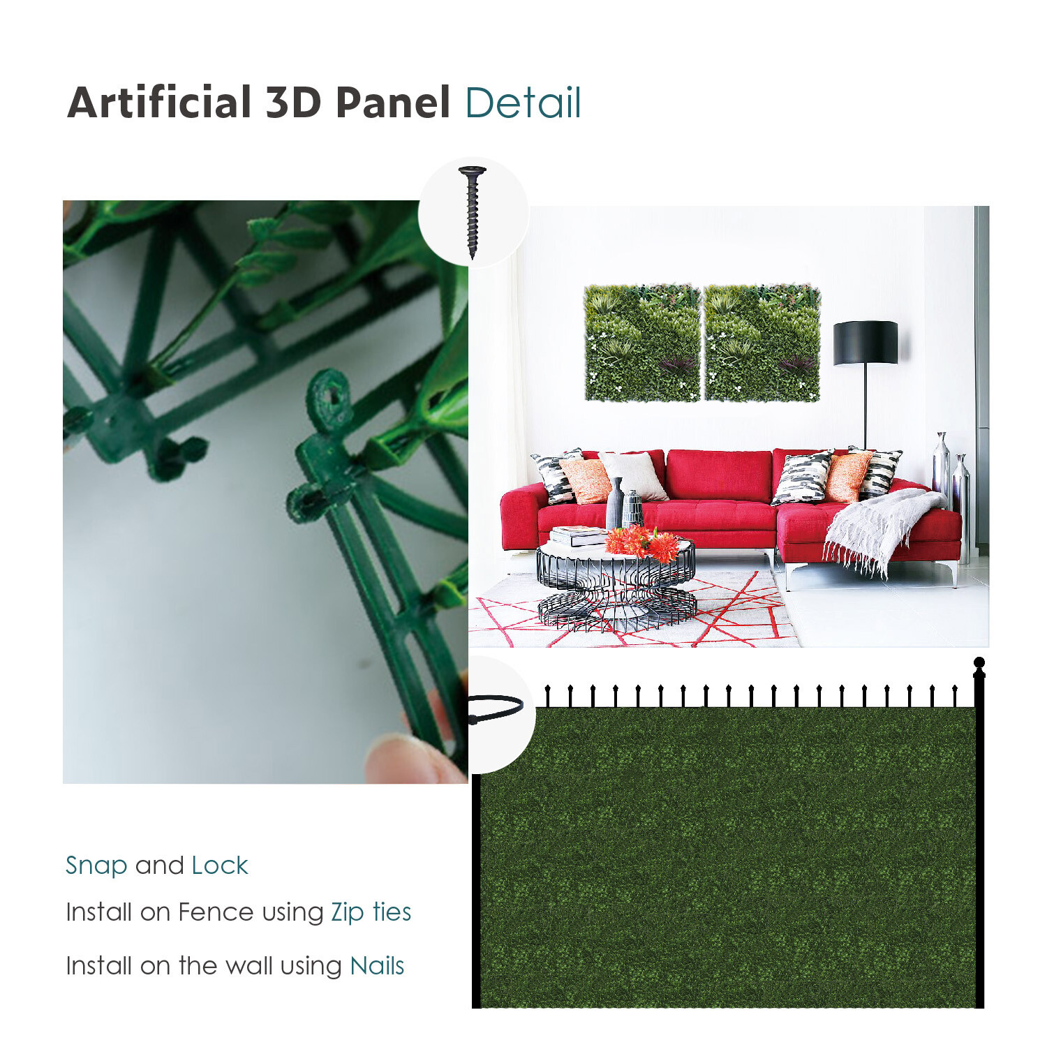 40×40 in Artificial 3D Mix Leaves #4 Mat Faux Fence Panel Wall Decor Grass Hedge