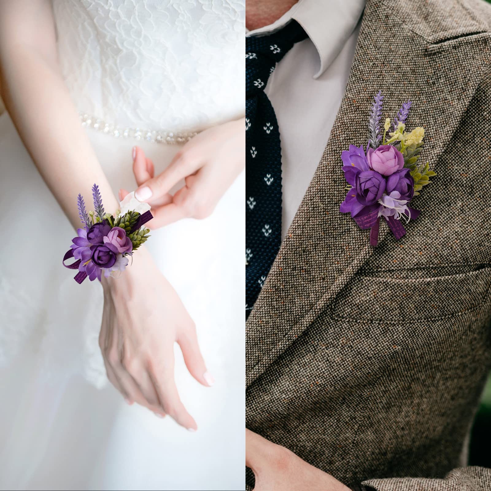 Wrist Corsage and Boutonniere Set, 1 Set Small Rose Purple Hand Flower for Pr…