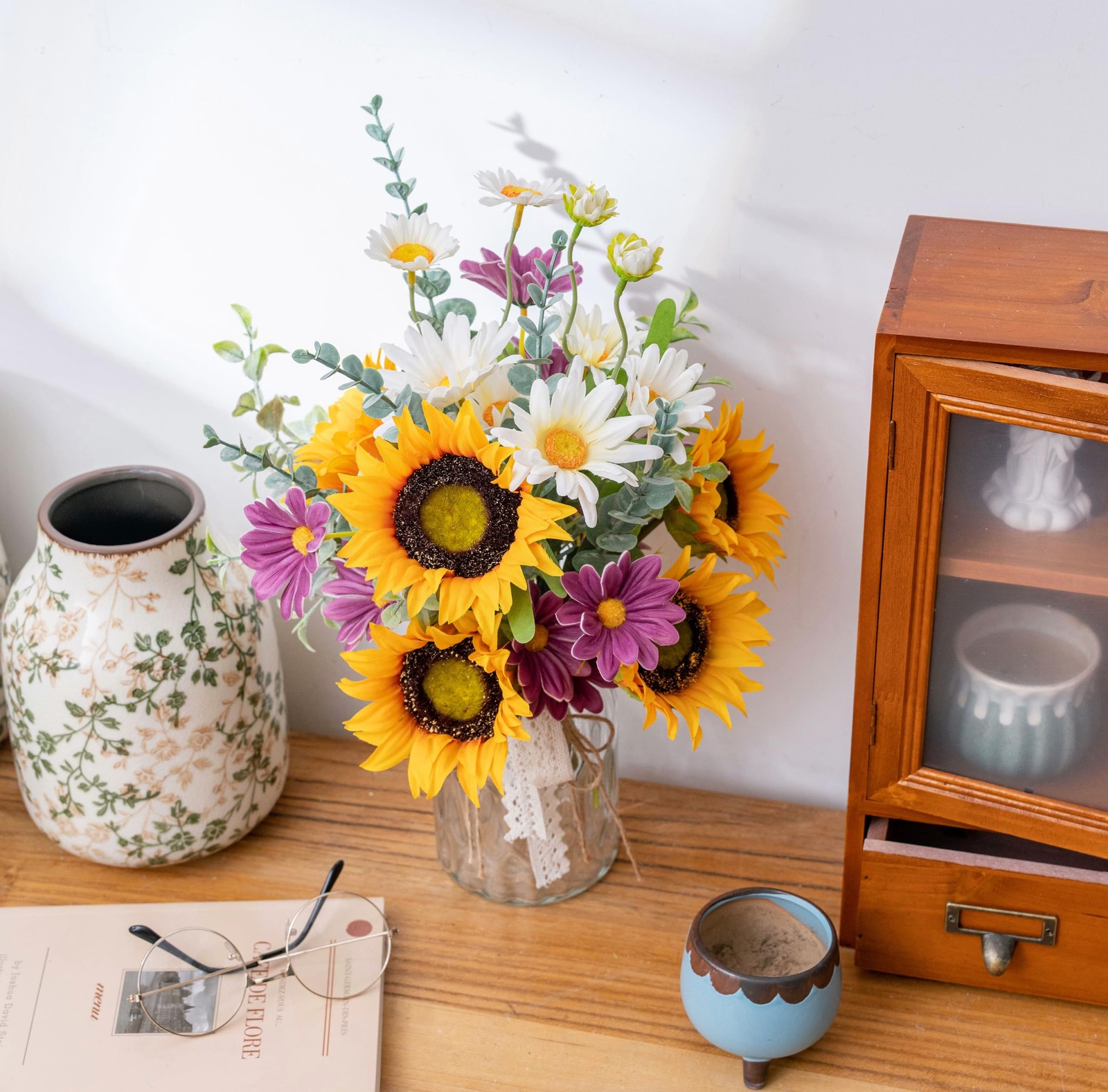 Artificial Sunflower, Daisy Bouquet, Vase, Faux Flowers, Centerpiece, Decor