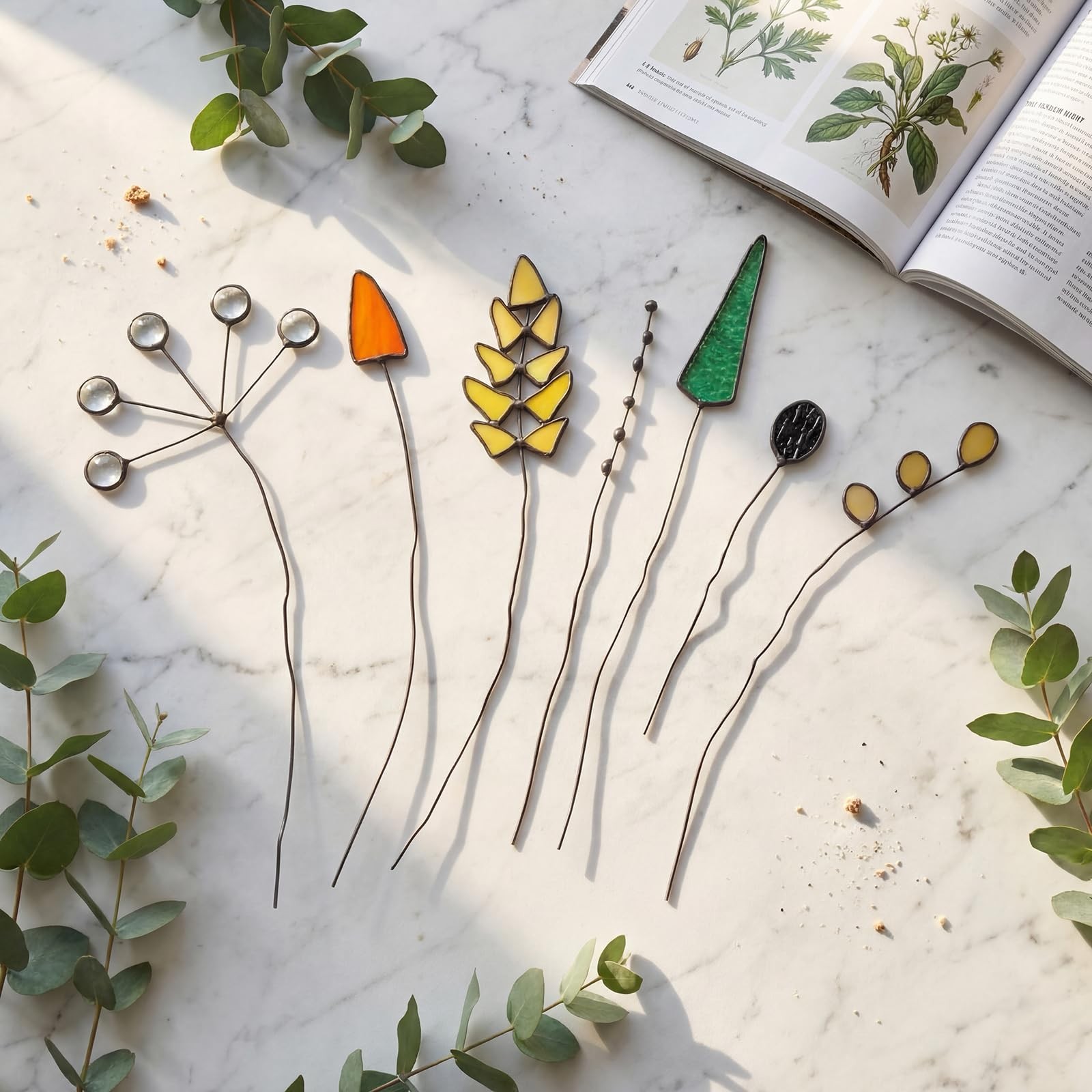 7 Pcs Stained Glass Flowers with Stems Handcrafted Artificial Glass Floral Br…