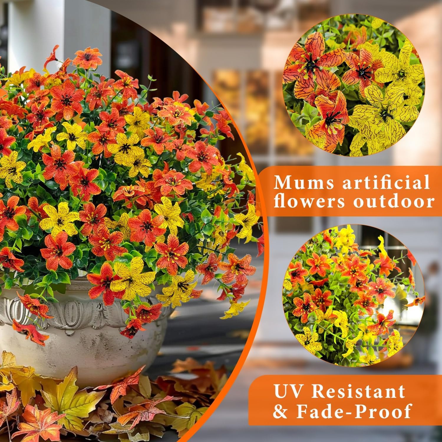 12 Bundles Faux Fall Flowers Artificial Mums for Outdoors (Orange+Yellow)