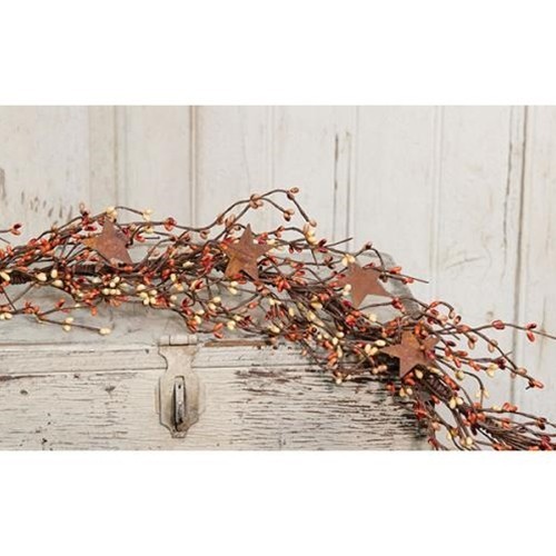NEW Primitive Pip Berry Garland w/ Rusty 2″ Stars PUMPKIN SPICE BERRIES 40″
