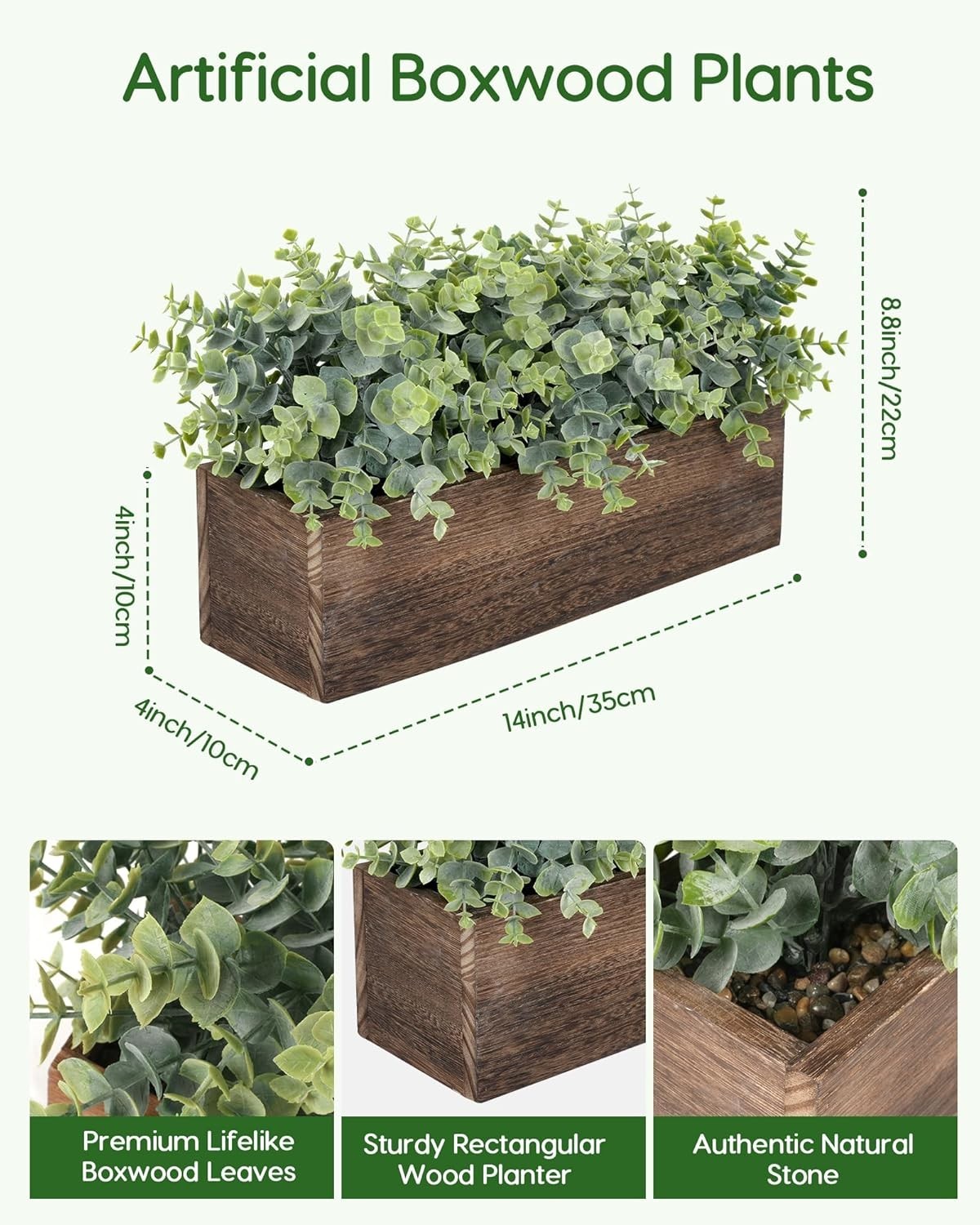 14″ Artificial Eucalyptus Plants in Rustic Rectangular Wooden Planter Box, Fa…