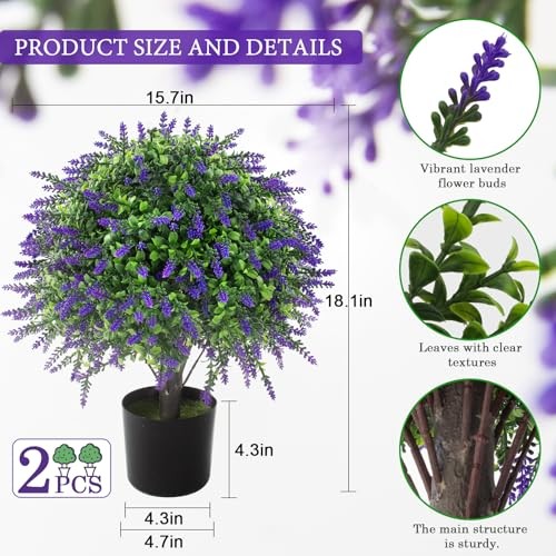 2 Pcs Artificial Lavender Topiary Ball Trees Potted Plants, UV Medium Purple