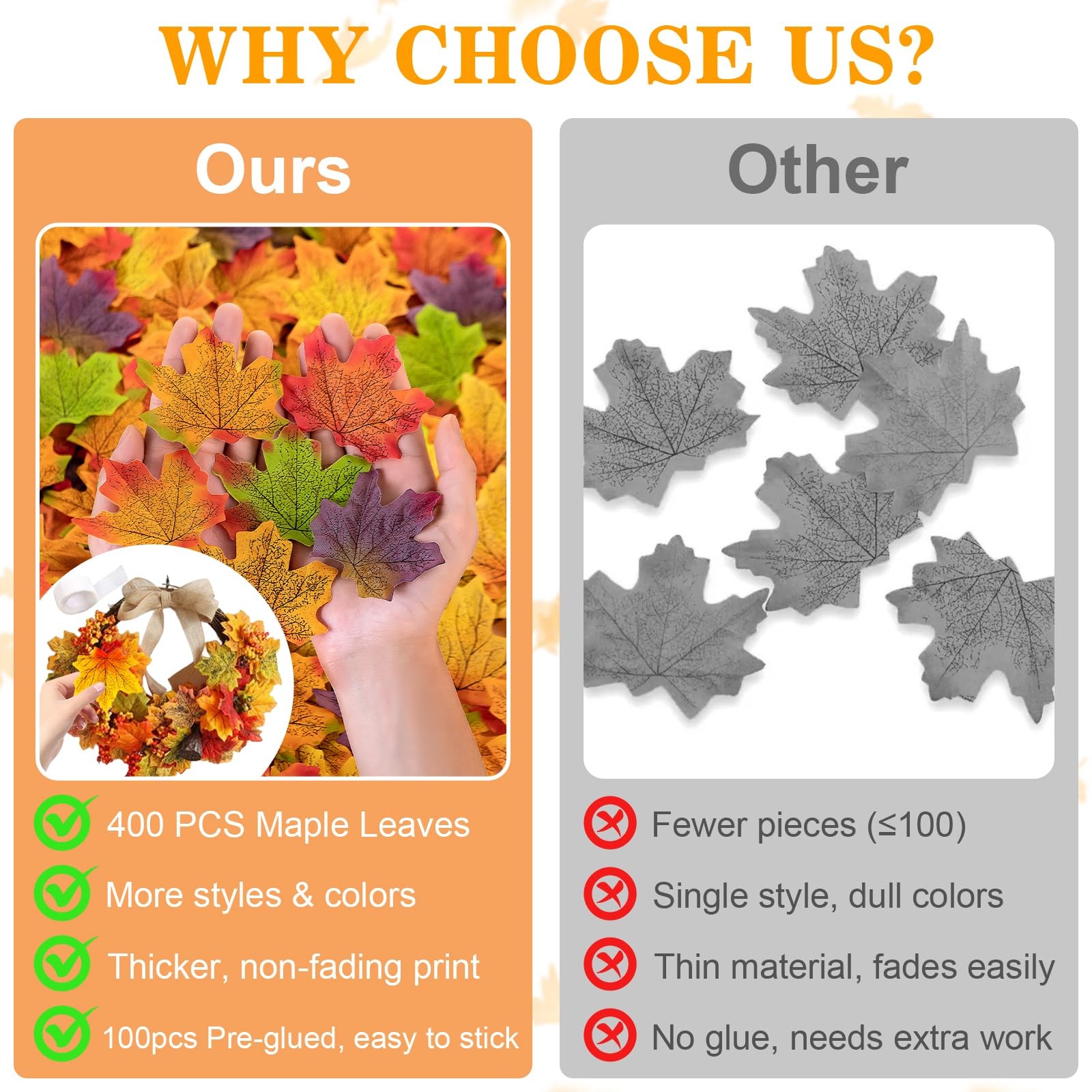 500PCS Fall Leaves Maple Bulk 8 Color Autumn Leaves with 100 Glue Dots Thanksgiv