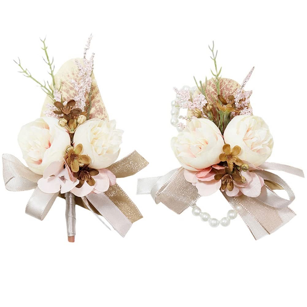 2 PCS Wrist Corsage Boutonniere Set Artificial Flowers Creamy Brown Pink Prom