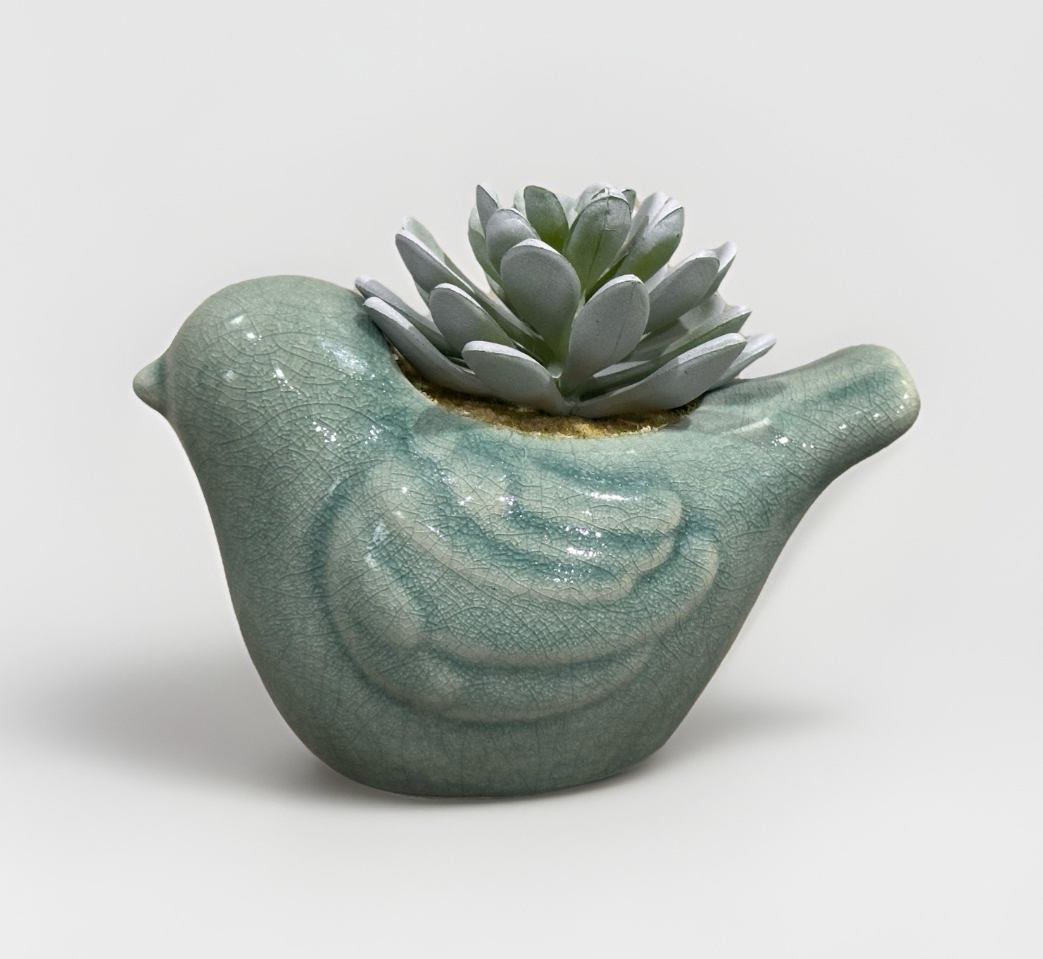 Ceramic Bird Figurine Succulent Planter With Faux Plant & Crackle Glaze Finish