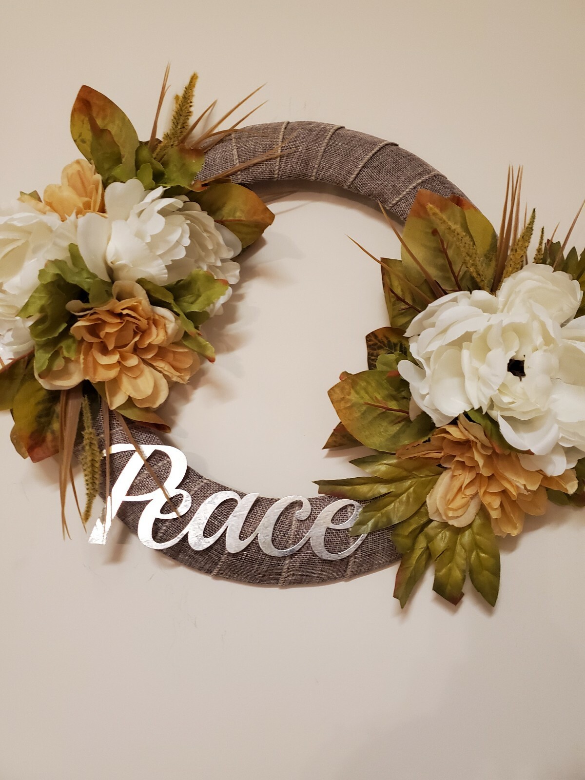 PEACE peony white beige brown green BEAUTIFUL WREATH elegant Decor Front Door 15