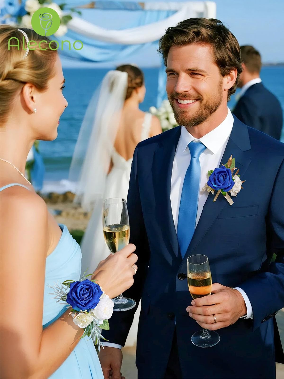 Navy Blue Corsage Boutonniere Set Rose Wristlet Wedding Prom Suit Decor