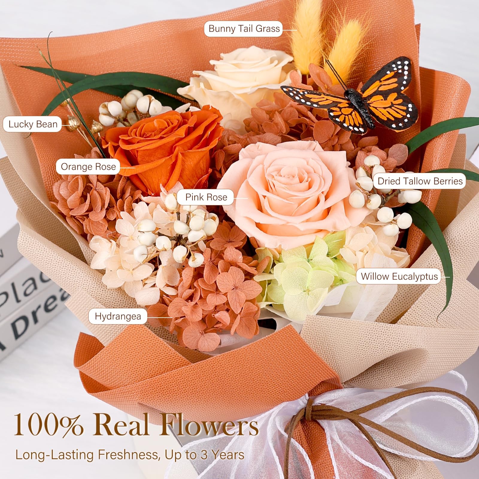 Preserved Flowers Bouquet with Butterfly 3 Roses & Flowers for Delivery, Lon…