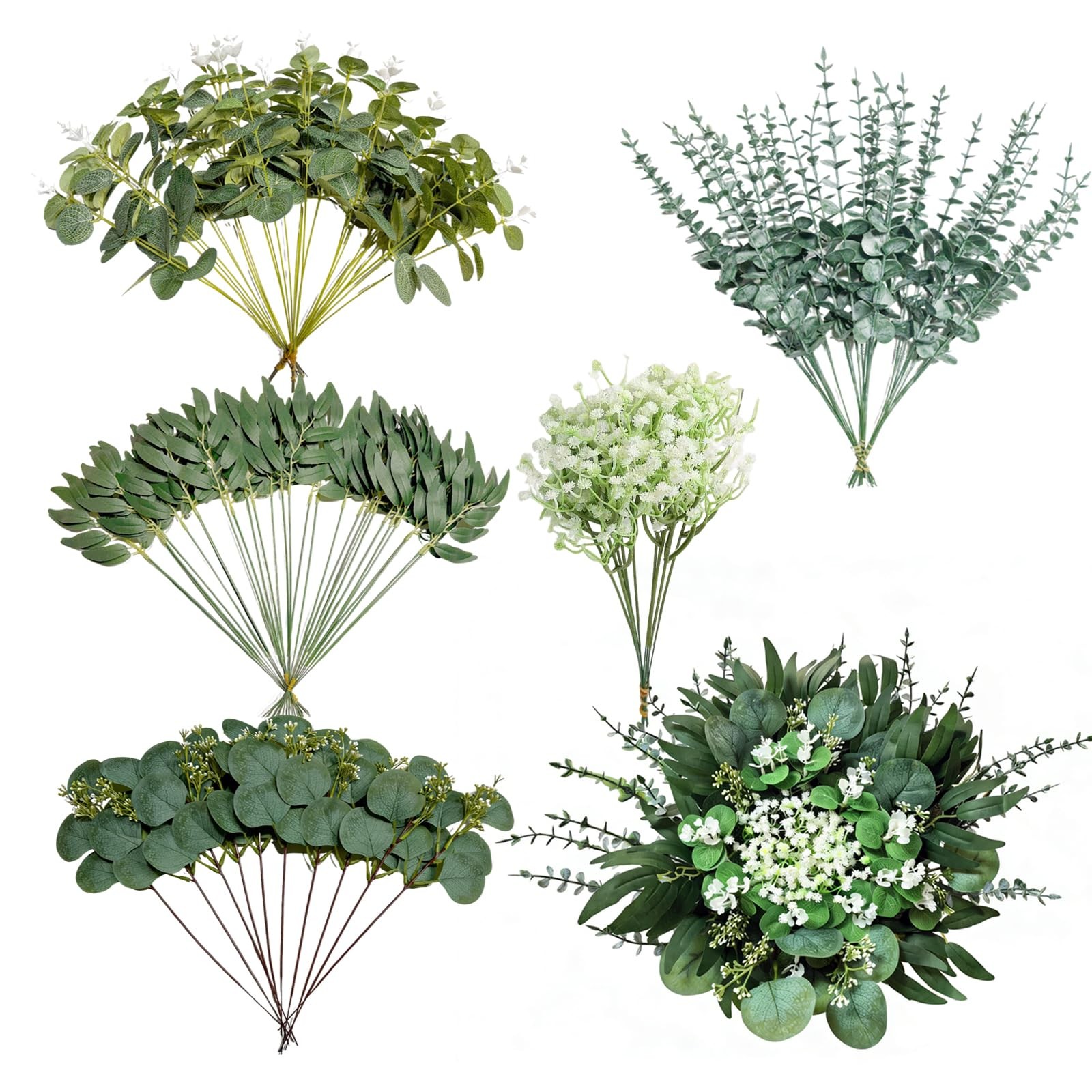 110 Pcs Mixed Artificial Eucalyptus Stems with Baby’s Breath, 5 Kinds Faux Gr…