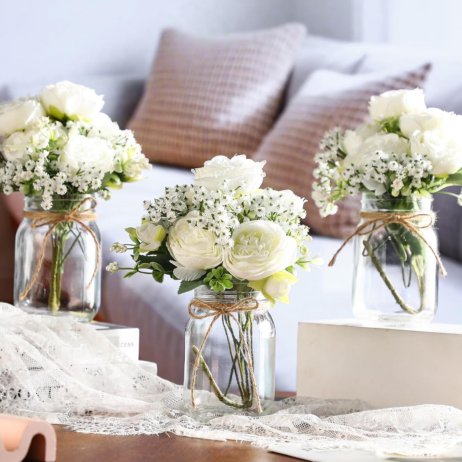 12 Sets Mason Jar Centerpiece Table Decorations Artificial Peony Baby’s Breath