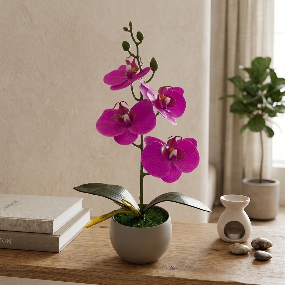 Four Flower Butterfly Orchid Bonsai Simulation in Round Belly Pot Decor