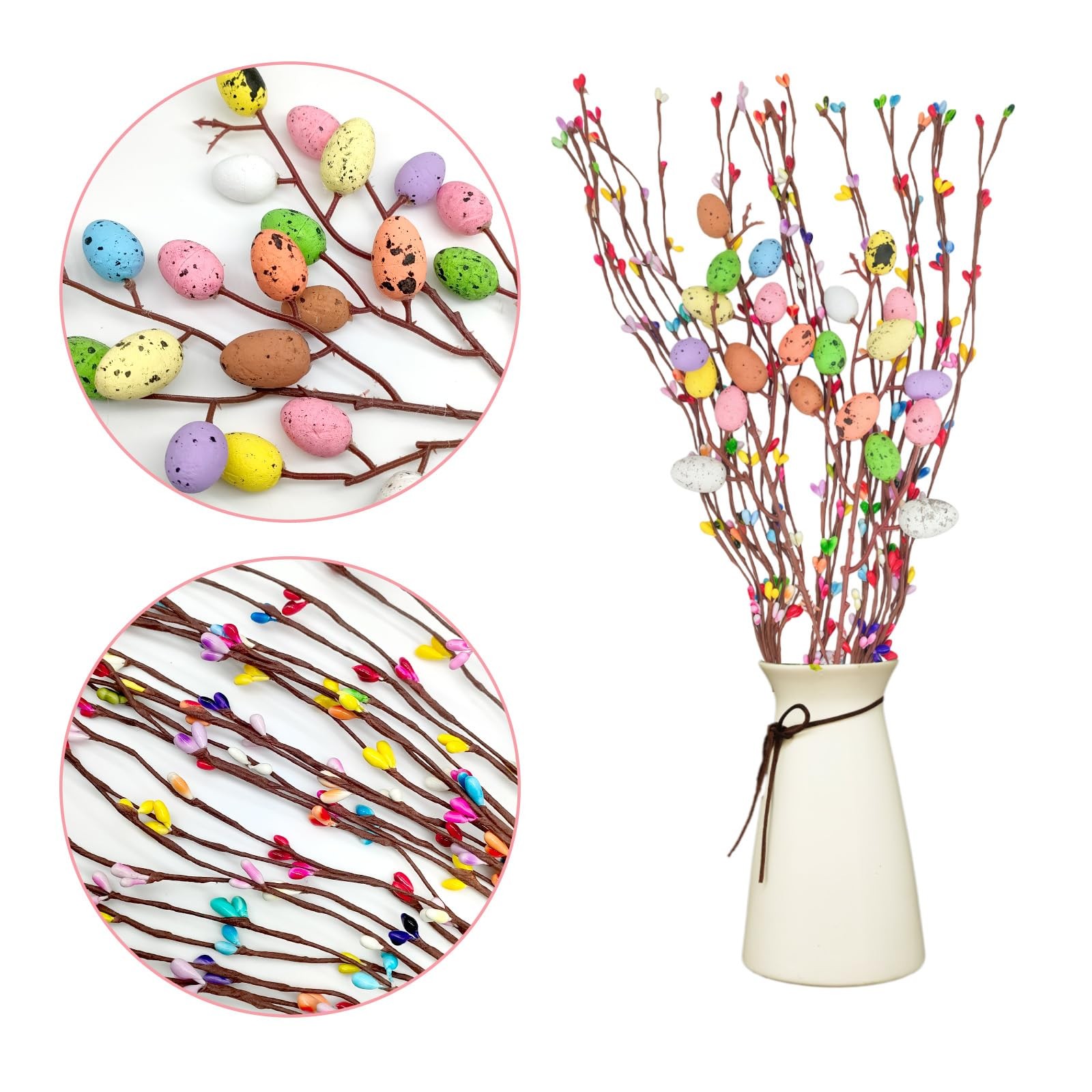 26Pcs 40cm Artificial Easter Spray Vine with Colorful Eggs and Fan-Shaped Eas…