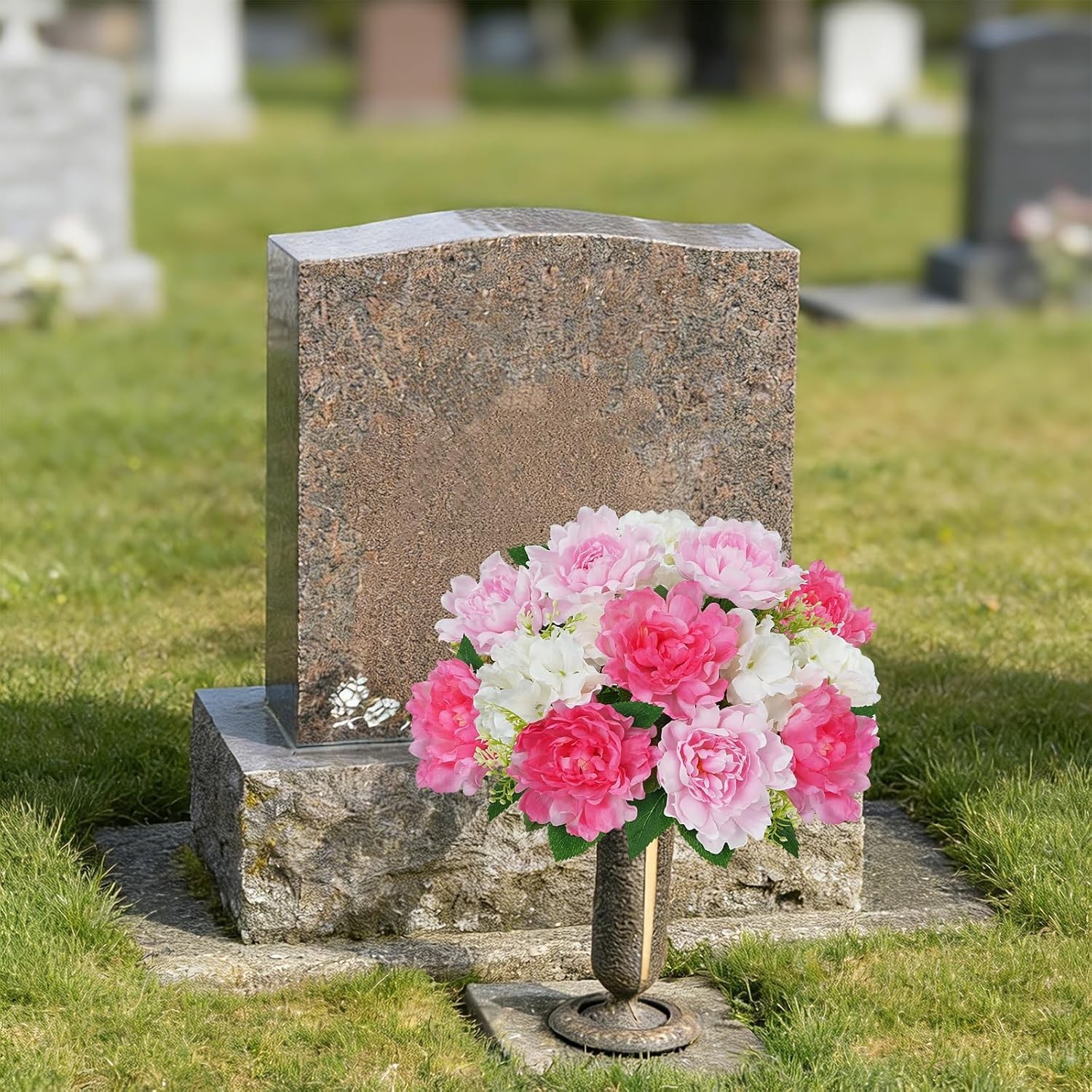 Pink Cemetery Flowers Fake Peonies for Graves 16 Inch Artificial Grave Markers