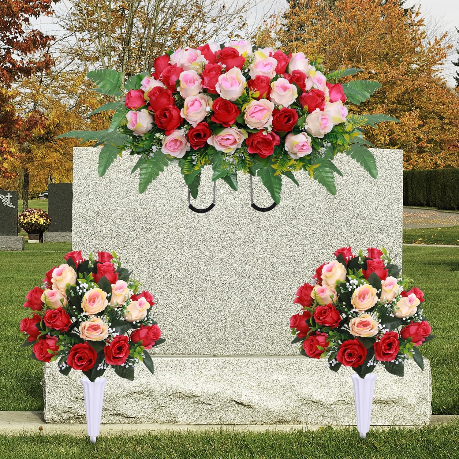Artificial Cemetery Flower Saddles 3 Pcs Rose Red White Outdoor Memorial Flowers