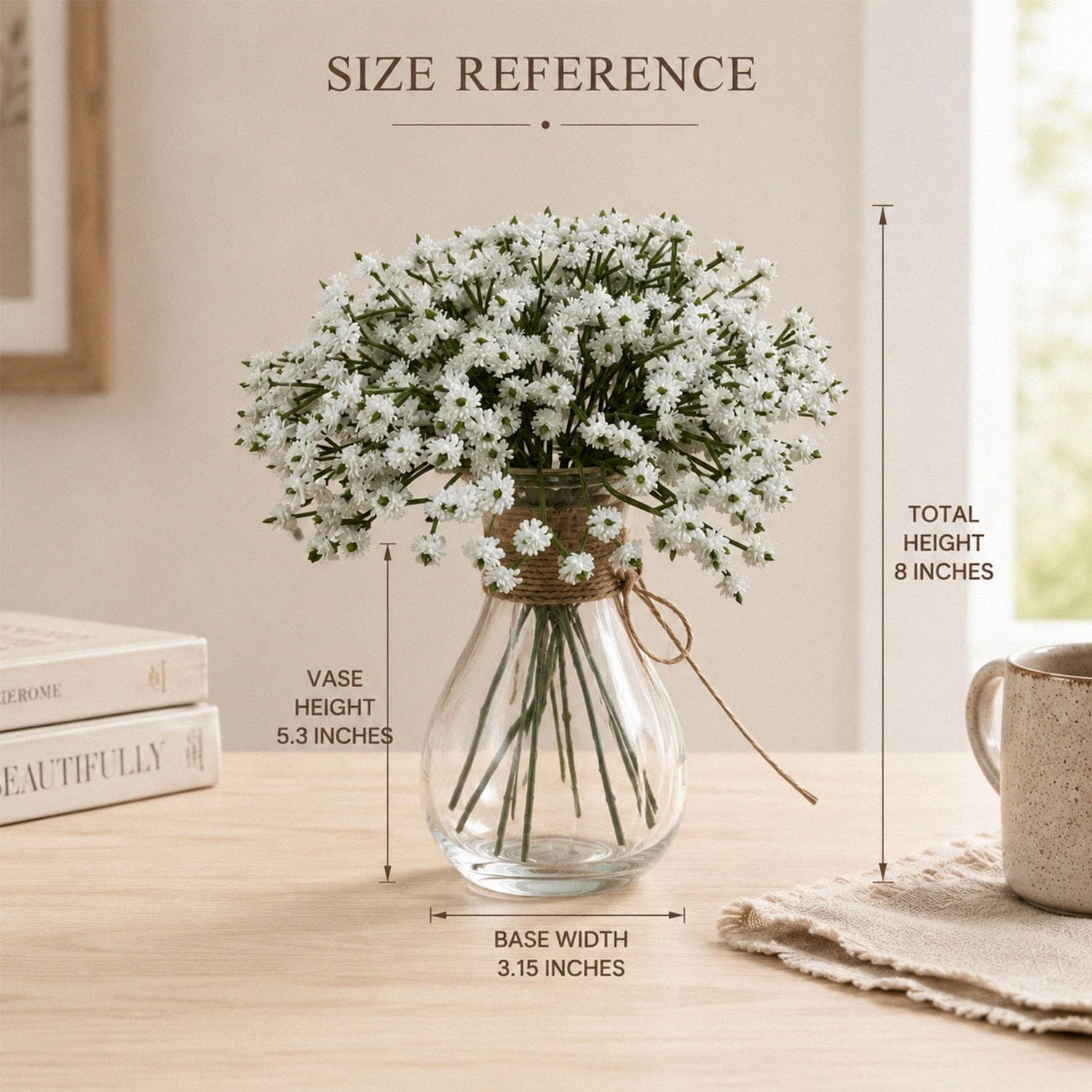 9 Pcs Babys Breath Artificial Flowers with Glass Vase, 8″ Real Touch Faux Gyp…