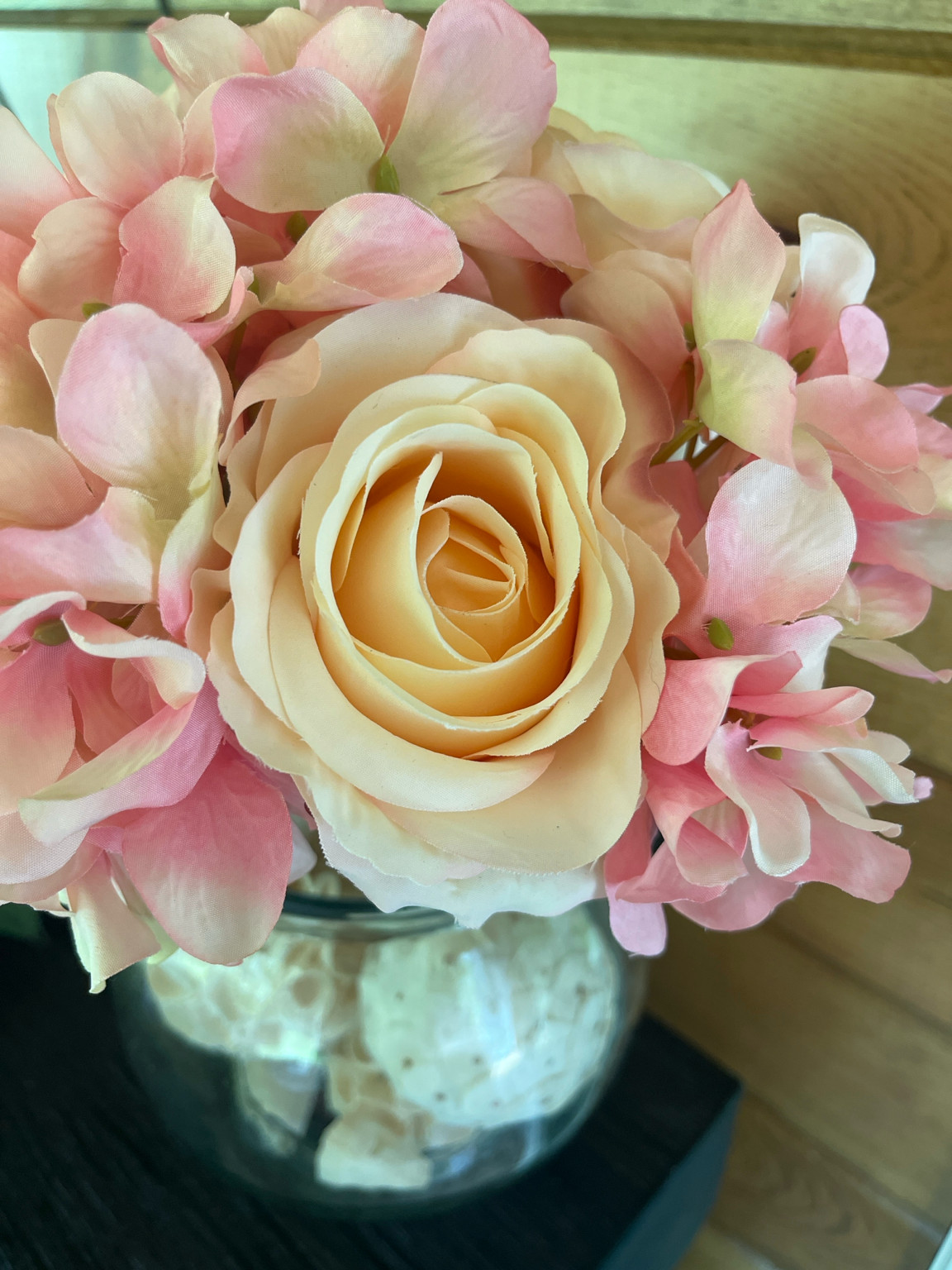 Large Faux Floral Arrangement Pink Roses Hydrangea Glass Vase Centerpiece Decor