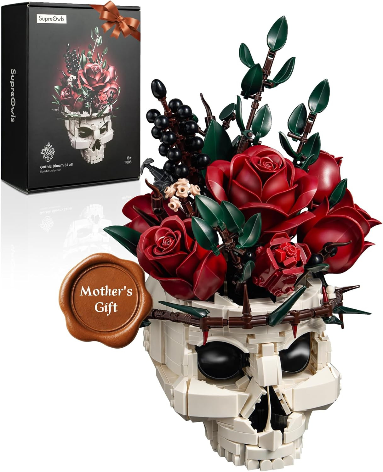 Skull Roses Flower Bouquet Building Set, Botanical Collection Kit for Adult Wome