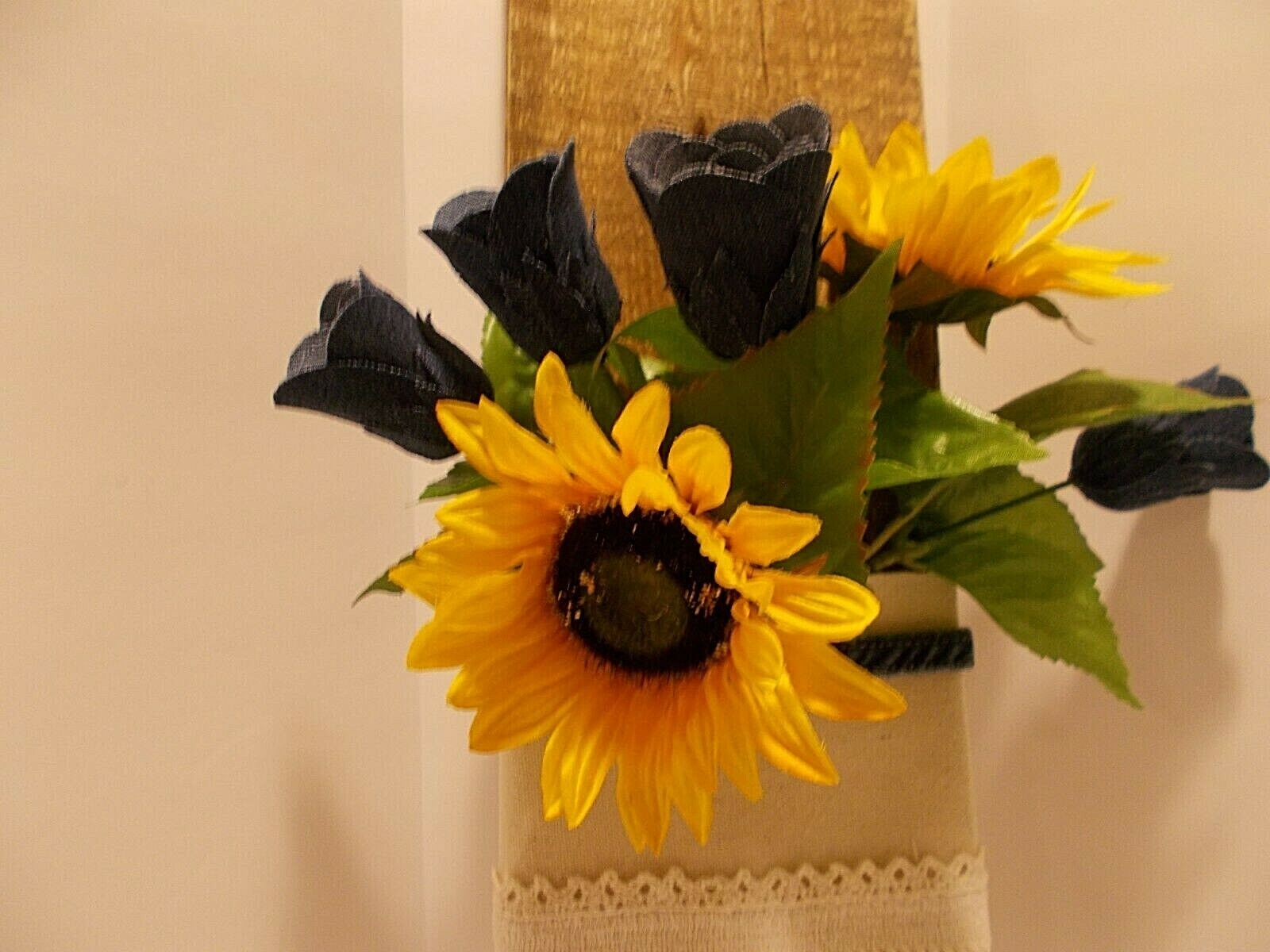 Handmade Denim Roses and Sunflower Recycled Denim Board Wall Art Farmhouse Décor