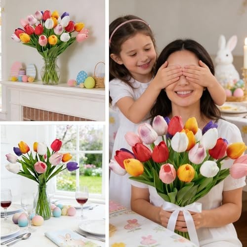 30 Pcs Multicolor Artificial Tulip Flowers Fake Tulips PU Real Multi Color