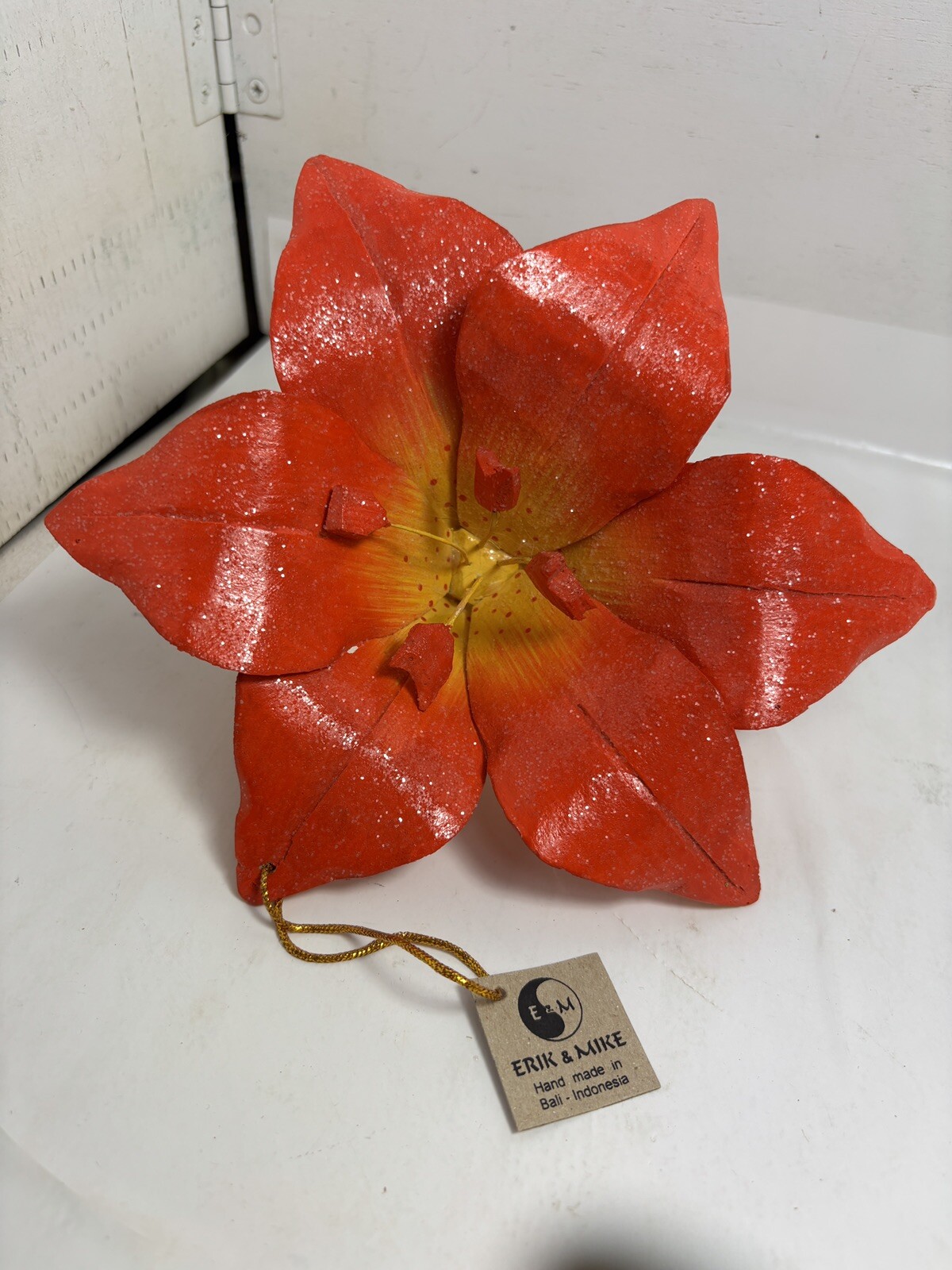 Artisian Hand Carved Painted Wood Flower Orange Faux Lily Ornament 7.5″ Tropical