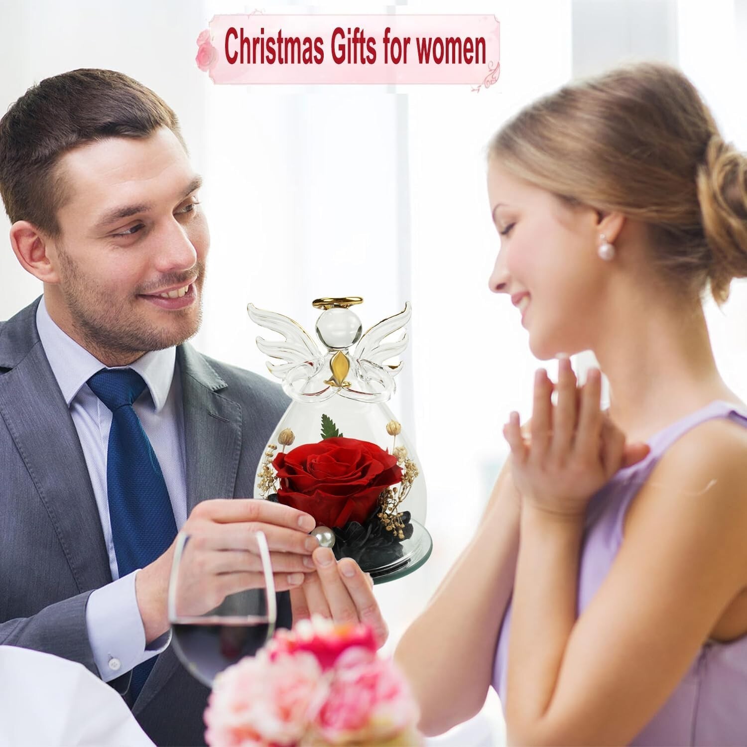 Angel Rose Gifts for Women,Preserved Roses Forever Flower in Glass Angel Figurin