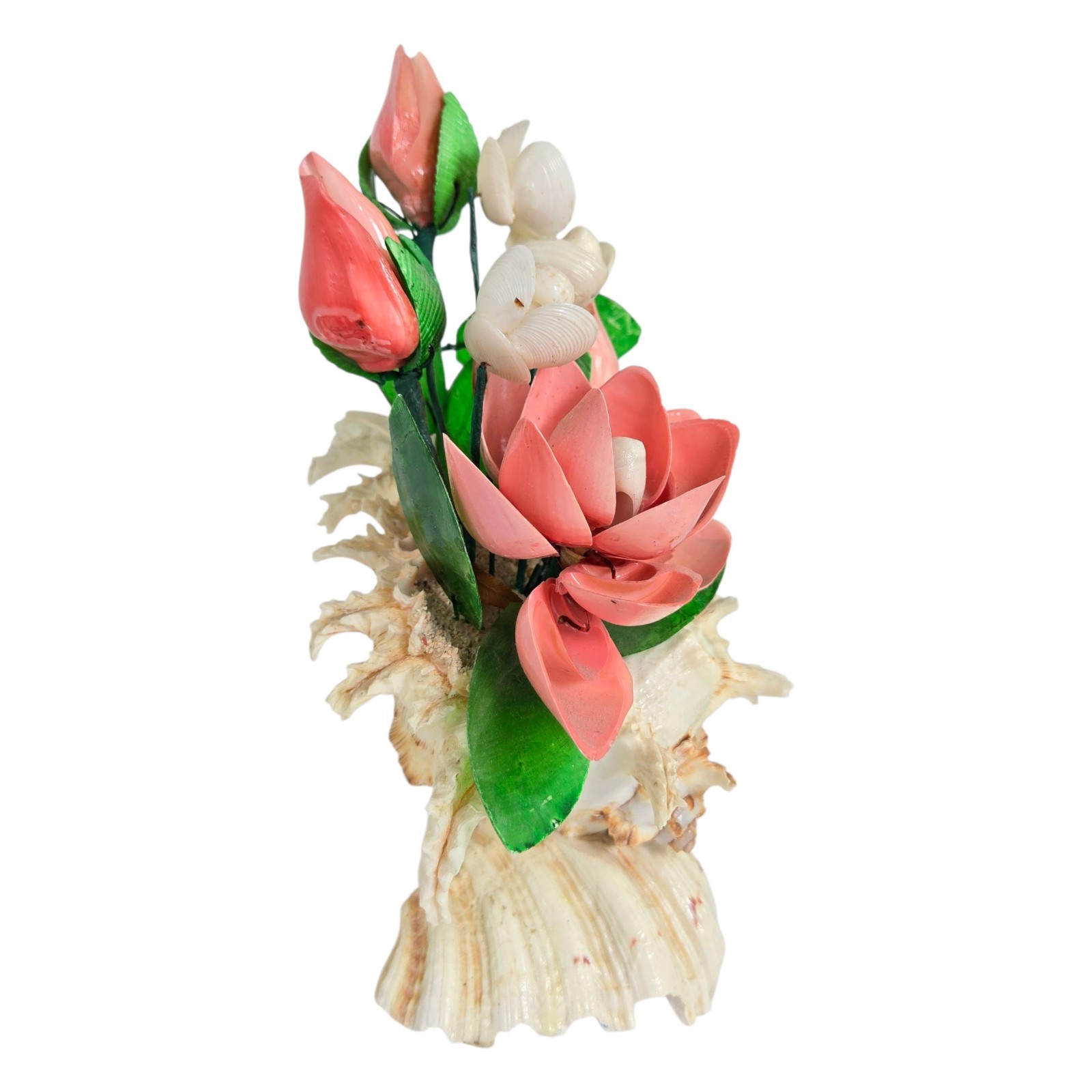 Vintage Seashell Flower Arrangement Pink Green Bouquet Decor Tropical Cottage