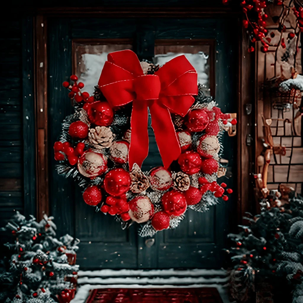 45cm/17.7in Christmas Wreath Front Door Flocked Pine Red Bow