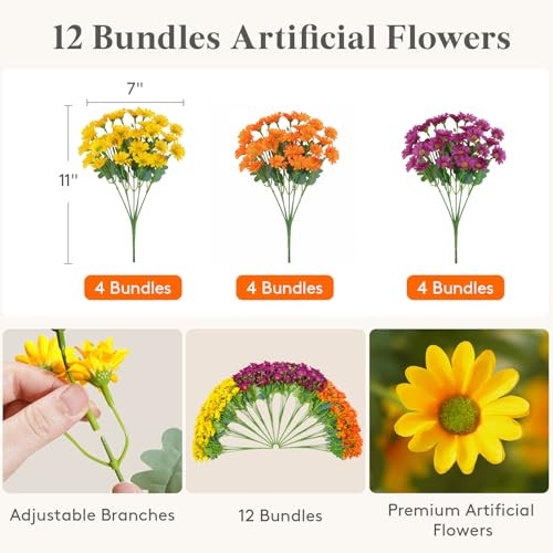 Artificial Flowers Daisy for Outdoor Indoor 12 3 Mix Color(yellow Orange Red)