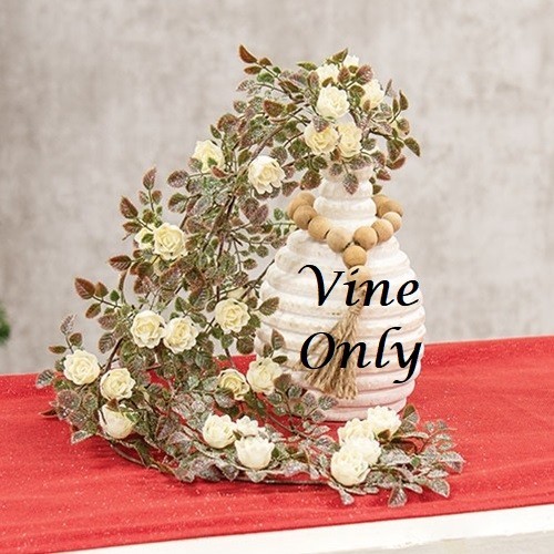 NEW FARMHOUSE FROSTED CREAM ROSES HANGING VINE HOLIDAY CHRISTMAS WEDDING 26.5″L