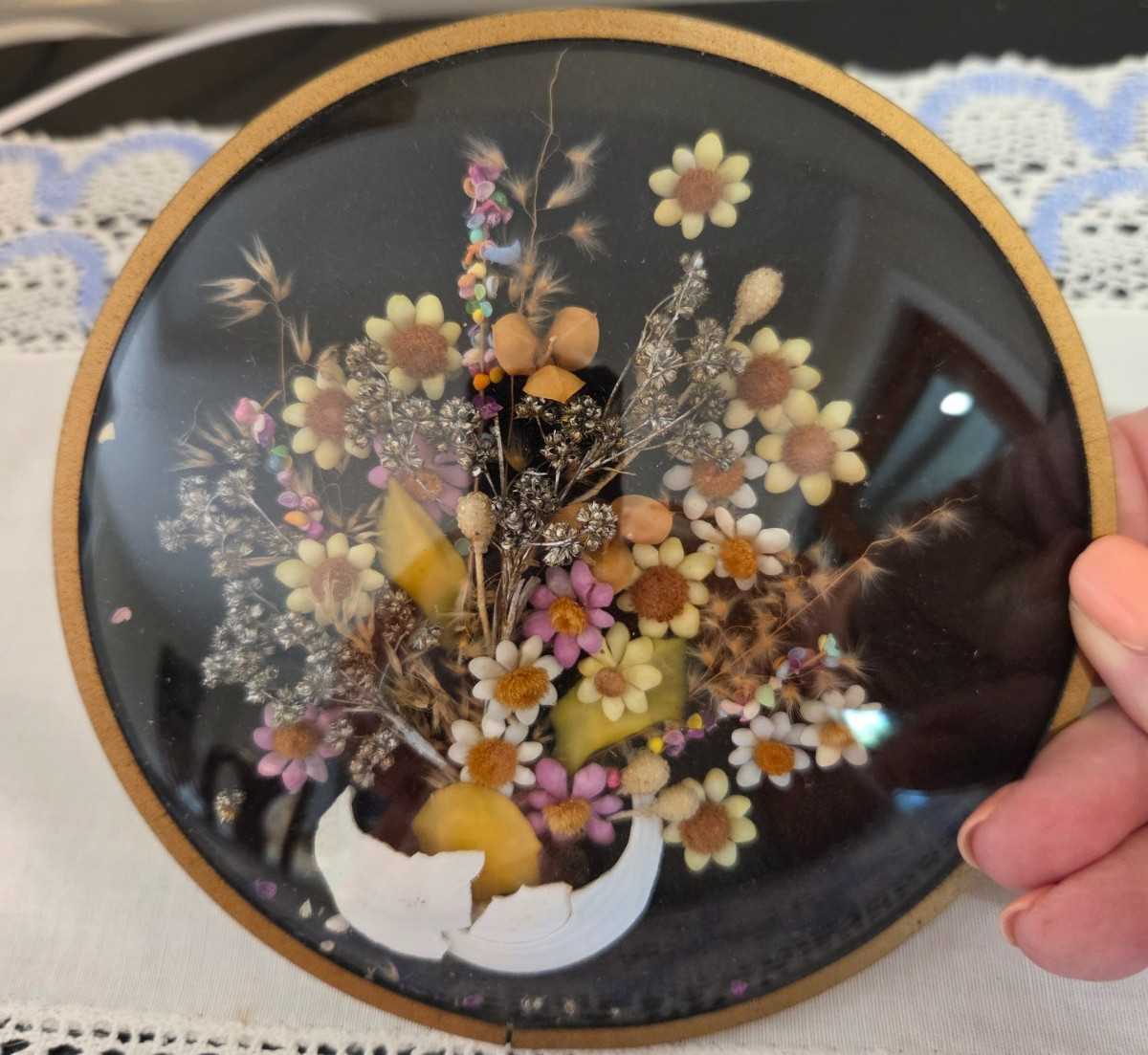 Vintage Domed Bubble Glass Real Dried Flowers in Brass Frame Lot of 2