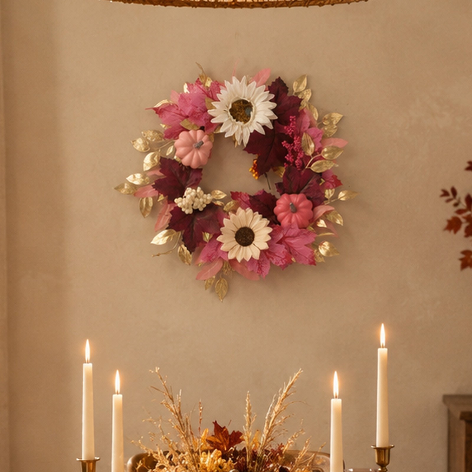 15.75in Artificial For Autumn Wreath Pastel Pink Theme with Pumpkins Sunflowers