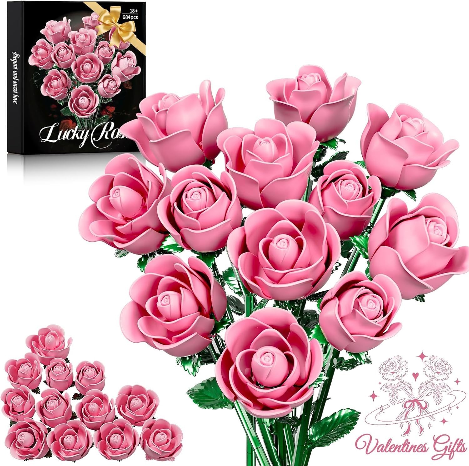 Pink Rose Bouquet Building Set for Girls & Boys – 12 Pack Botanical Collectio…