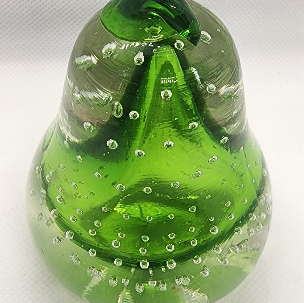 Glass Paperweight Pear Shape Green & Clear Glass with Air Bubbles