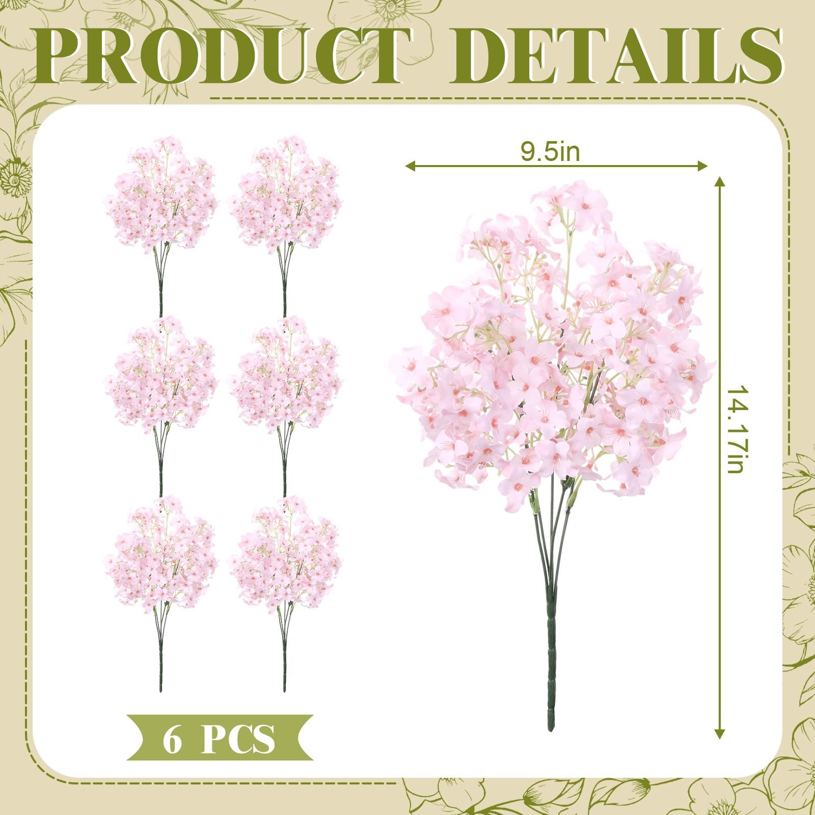 6 Pcs Artificial Cherry Blossoms 14 Inches Fake Silk Pink Sakura Peach Flower…