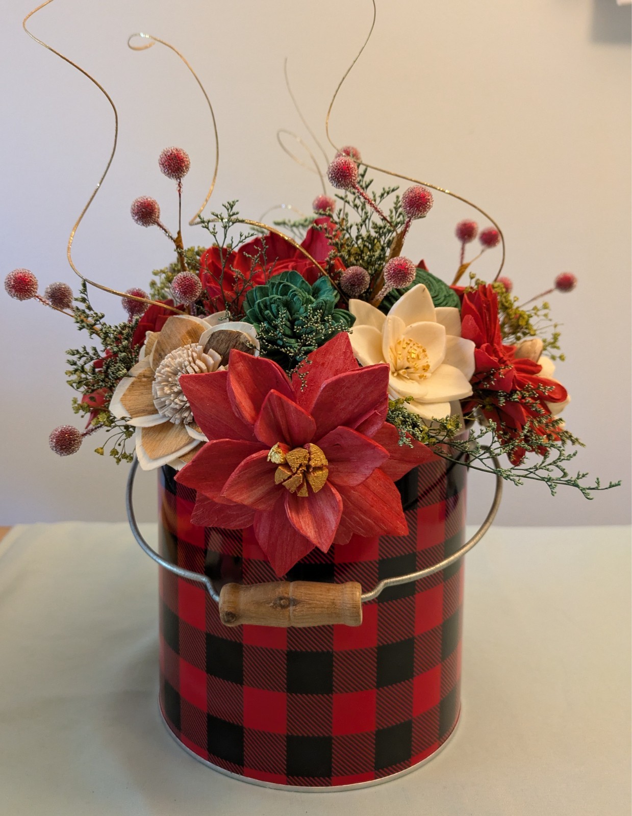 Sola Wood flowers large Christmas arrangement in red plaid tin can- hand made