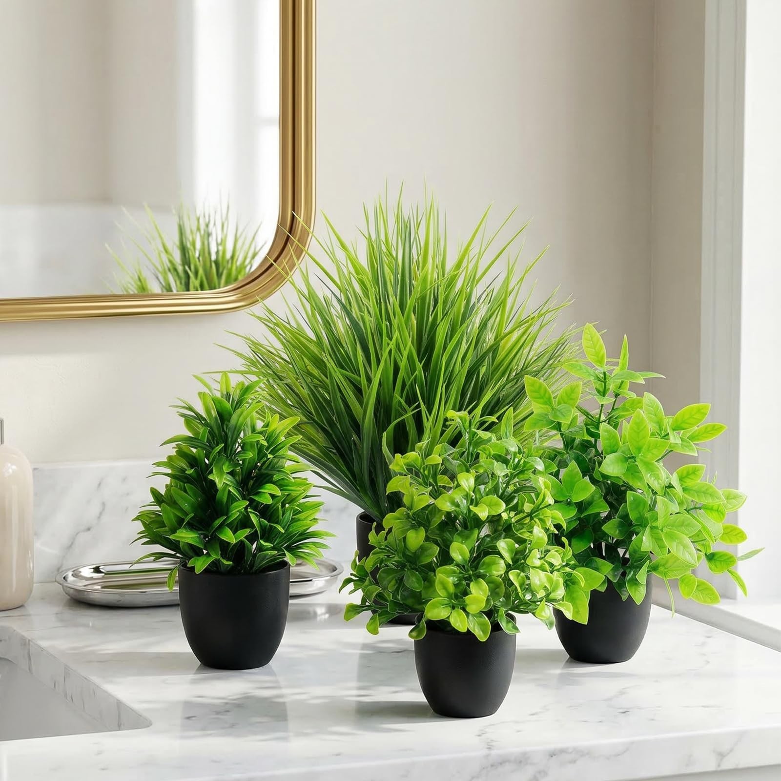 4 Pack Mini Fake Plants Small Artificial Greenery Potted Plants in Black Pots…