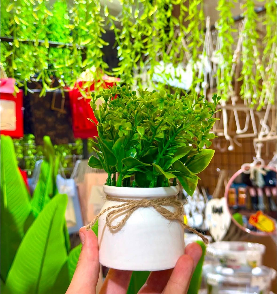 Artificial Small Potted Plant, Faux Greenery in White Ceramic Pot with Jute Twi
