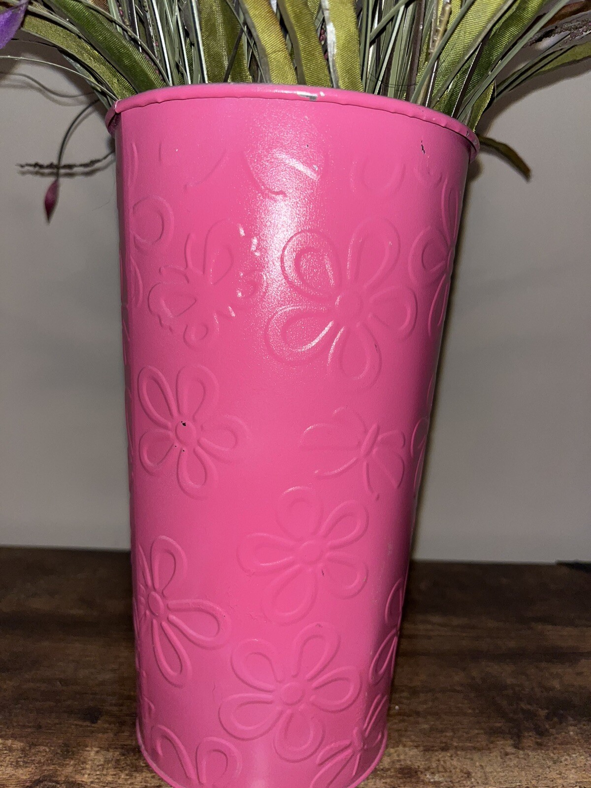 Artificial Purple Pink Flower Arrangement, Pink 9” Metal Vase Planter Home Decor