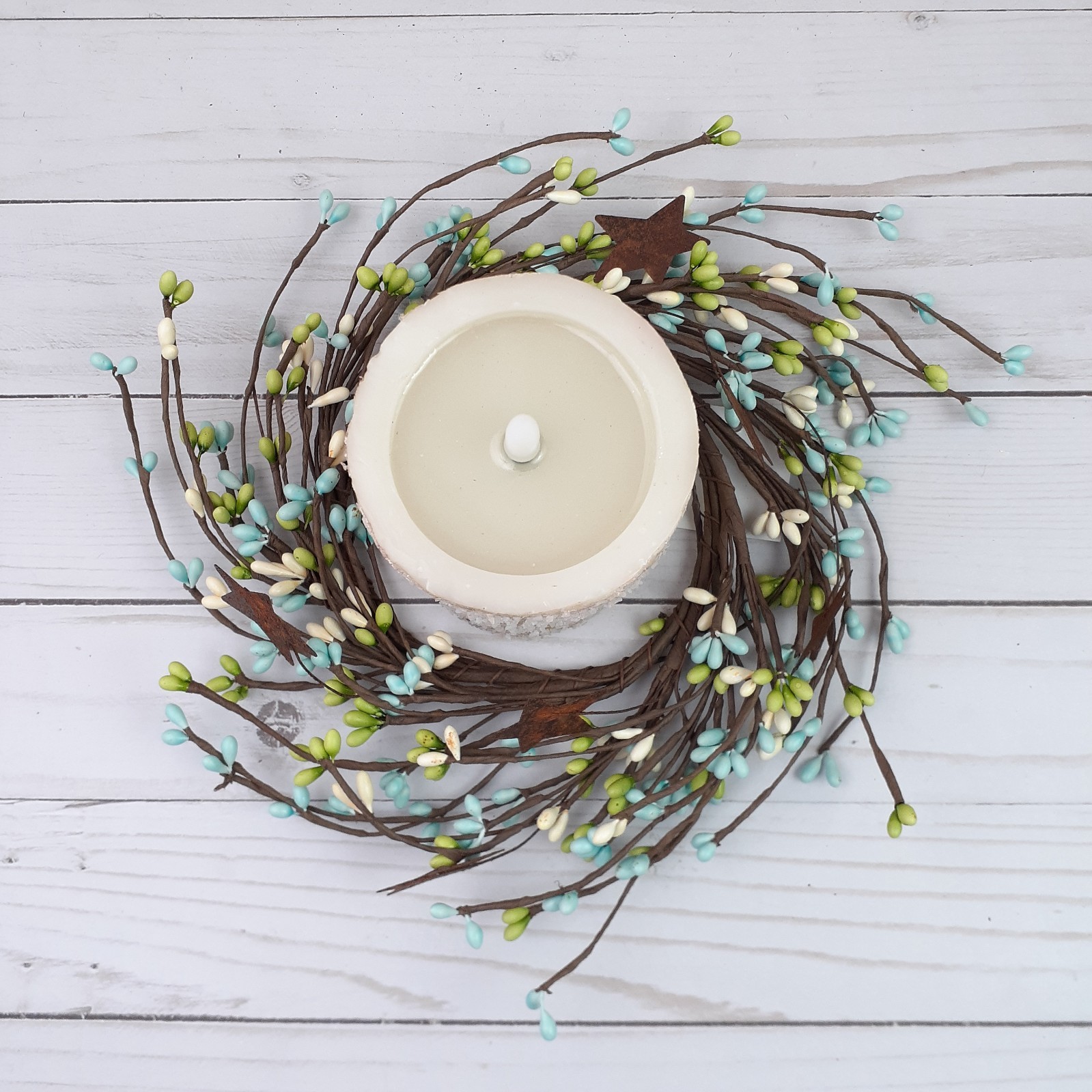 Pip Berry Candle Ring Rusty Tin Stars Seabreeze Blue Green Ivory 4″ inside