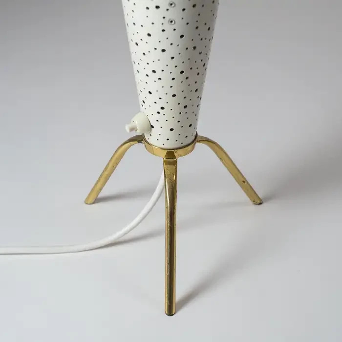 Mid-Century Modern Tripod Table Lamp – Perforated Metal Cone & Yellow UF