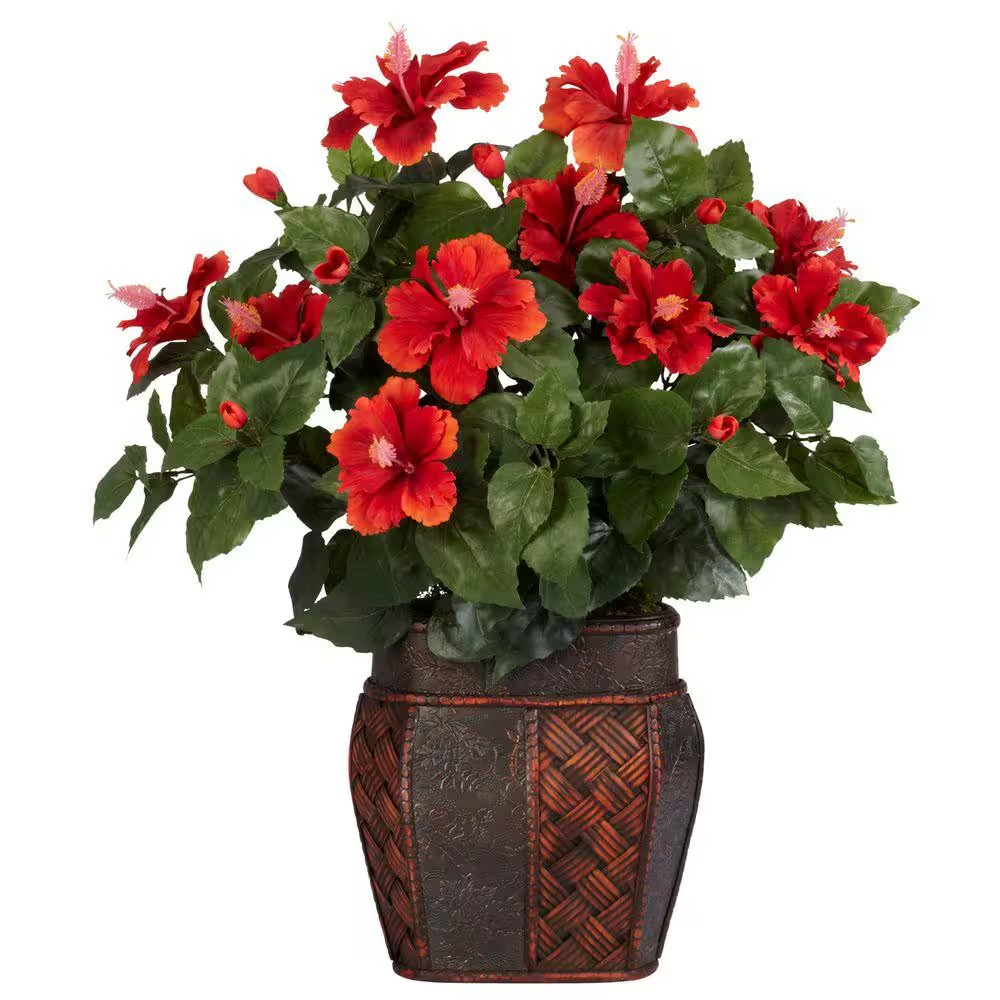 24 In. Artificial H Red Hibiscus with Vase Silk Plant